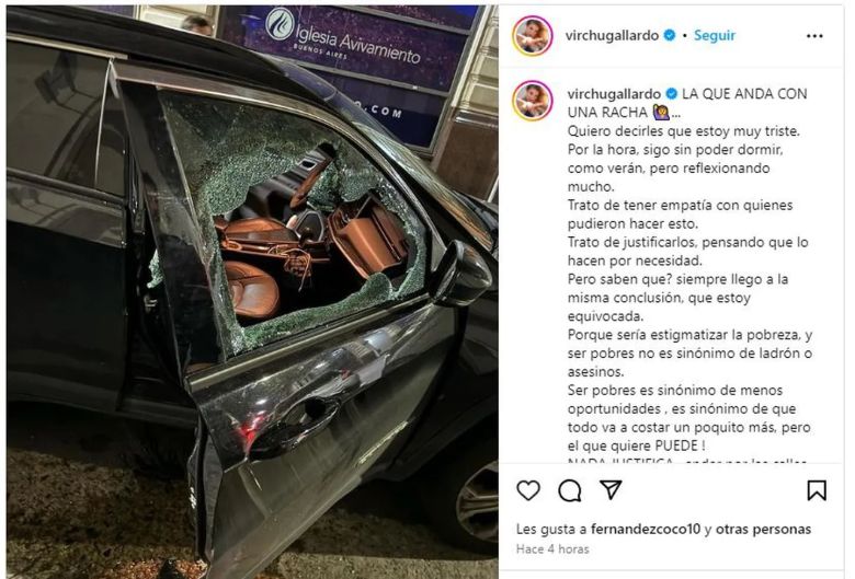 Virginia Gallardo mostró cómo le destrozaron el auto para robarle y dejó un duro mensaje en sus redes