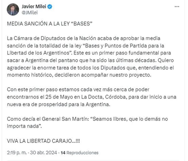 Javier Milei celebró la media sanción a la Ley Bases: “Es un primer paso para sacar a la Argentina del pantano”