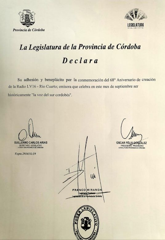 La Legislatura de la Provincia reconoció a LV16 en sus 68 años
