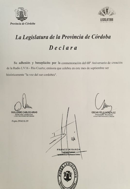 La Legislatura de la Provincia reconoció a LV16 en sus 68 años