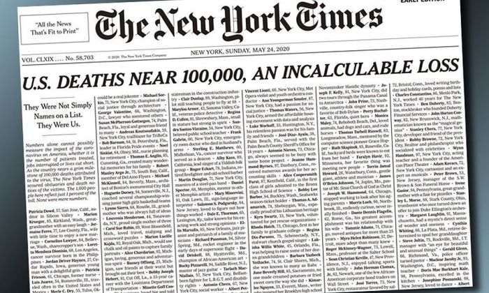 Impactante tapa del The New York Times con los nombres de mil víctimas de coronavirus