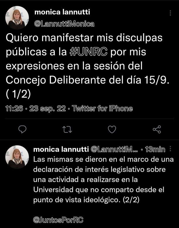 La concejal Mónica Lanutti pidió disculpas por sus dichos de la UNRC