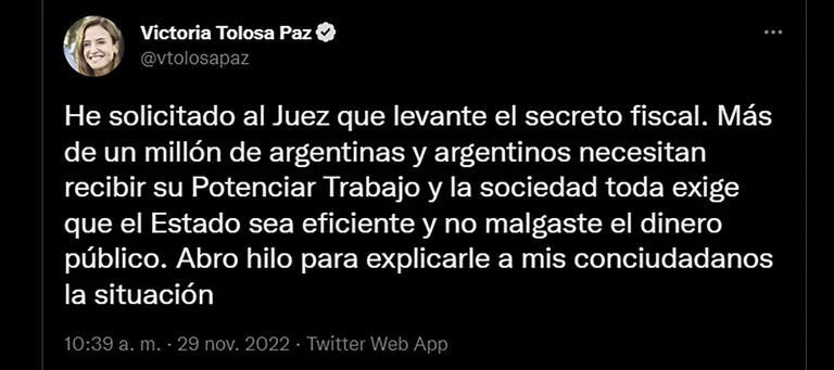 Causa Potenciar Trabajo: Tolosa Paz le pidió a la Justicia que levante el secreto fiscal para depurar el padrón tras las irregularidades detectadas