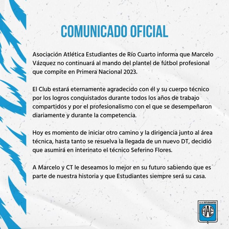 Estudiantes anunció la salida de Marcelo Vázquez 