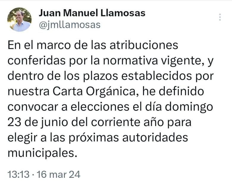 Juan Manuel Llamosas confirmó que las elecciones a intendente serán el día domingo 23 de junio