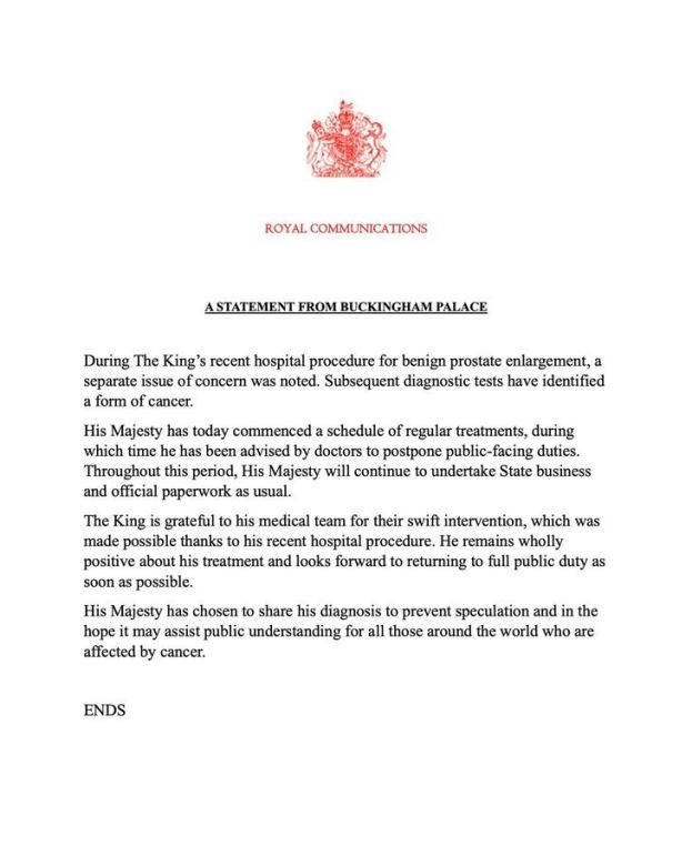 El rey Carlos III de Reino Unido fue diagnosticado con cáncer