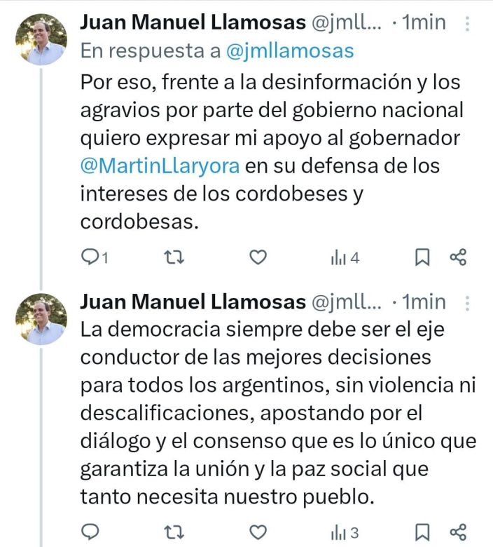 El intendente Llamosas salió a defender a Martín Llaryora en la pelea con el presidente Javier Milei